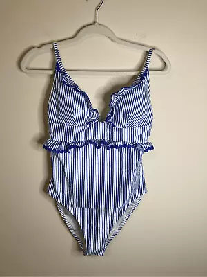 J.Crew Women’s Size 2 Blue White Striped One Piece Swimsuit Ruffle Bust Swimwear • $24.99