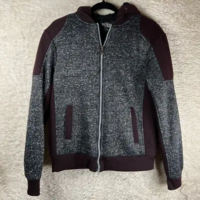 Brooklyn Standard Mens Sherpa Jacket Gray Maroon Heathered Hooded Zip Pockets S • $14.89