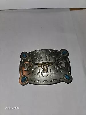 Vintage Nickel Silver Frontier Buckle Turquoise Belt Buckle Longhorn  • $199.99