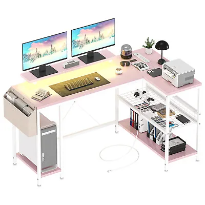 L Shaped Office Computer Desk With Power Outlets & LED Light Reversible Corner   • $100