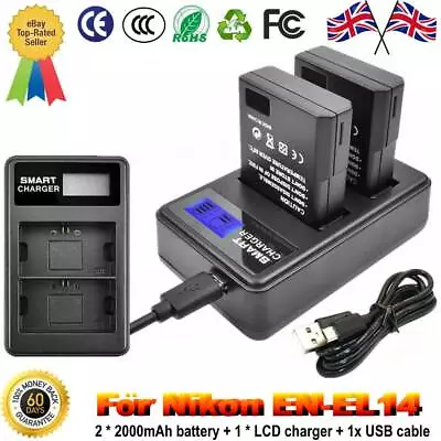 £21.79 • Buy EN-EL14(A) Rechargeable Battery For Nikon D3500,D5600,D3300,D5100 Camera+Charger