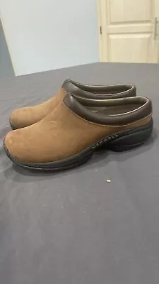 MERRELL Brown Leather Slip On Wedge Heel Clog Mule 7.5 • $30