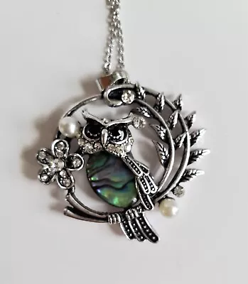 An Owl Necklace Abalone And Rhinestone Faux Pearls Pewter Base Silver Tone Chain • $16.11