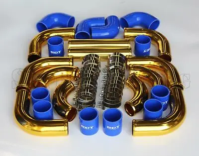 Rdt 12 Pcs Gold Aluminum Intercooler Piping Kit W/ Blue Coupler + T-bolt Clamps • $172.44