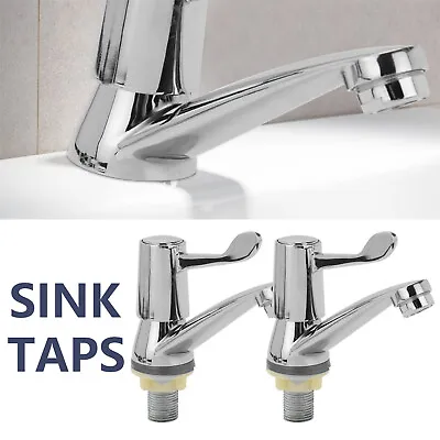 1 Pair Lever Basin Sink Taps Pillar Disabled 1/4 Turn Chrome Pair 1/2  Hot &Cold • £11.99