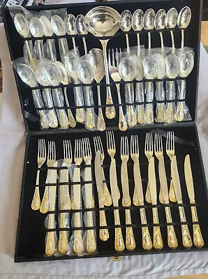 FB Rogers Golden Spring Charm Gold Accent Set 51 Pc Flatware Set Service For 12 • $100