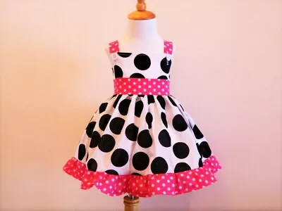 Girls Birthday Minnie Mouse Jumbo Black And Pink  Polka  Dots  Jumper Dress  • $38.99