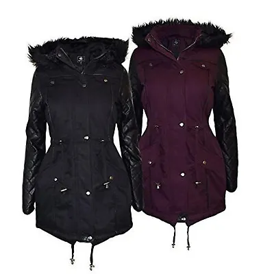 Ladies Parka Jacket Fur Trim Collar Hooded Womens Winter Warm Coat New Size • £24.95