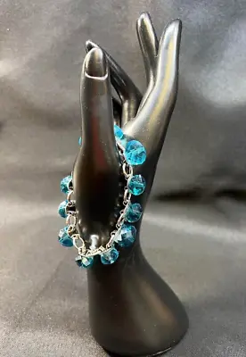 Vintage Sarah Coventry Silver Tone Link Bracelet W/Faceted Aqua Blue Stones • $15