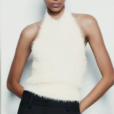 ZARA Soft Faux Fur Halter Top Ecru Cream • $25