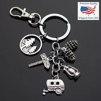 Trailer Camper Camping RV Forest Pine Cones Lantern Charm Keychain Keyring Clip • $6.99