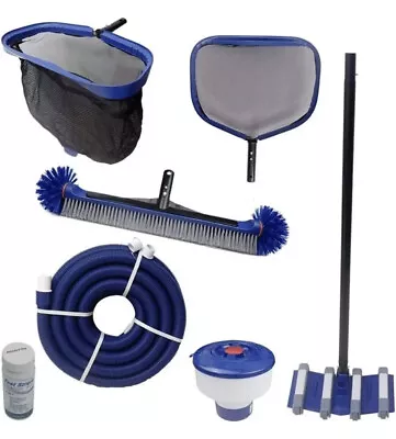 Pool Cleaning Kit 8Pc Wall Brush Leaf Rake Leaf Skimmer Vacuum Head Test Strips • $118.88