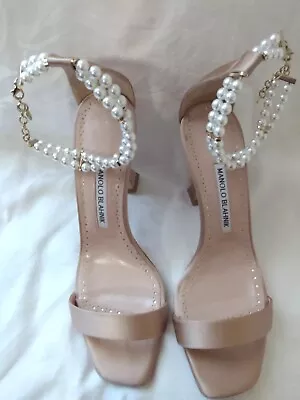 MANOLO BLAHNIK Charona Faux Pearl Ankle Strap Pink Italy Size 37.5 *Read  • $79.90
