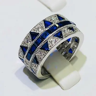 Platinum Sterling Silver Blue & White Sapphire Baguette Wide Eternity Ring Sz 8 • $78