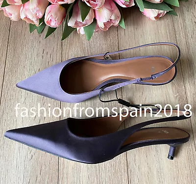 Zara New Woman Kitten Heel Fabric Slingback Shoes Anthracite Grey 35-42 1215/310 • $59.99