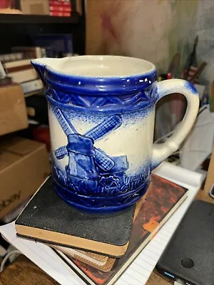 Vintage Molded Ceramic Milk Jug Pitcher Blue And White Windmill! • $11.88