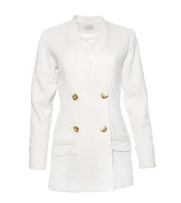 ADIBA Designer Pearl White Double Breasted Tweed Long Blazer Size S • $629.10