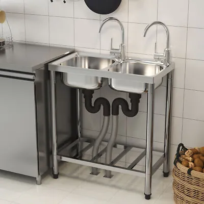 Stainless Steel Camping Wash Basin Station Outdoor Portable Kitchen Sink 2 Bowls • £65.95