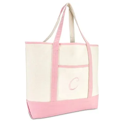 DALIX Women's Cotton Canvas Tote Bag Large Shoulder Bags Pink Monogram A - Z • $19.99