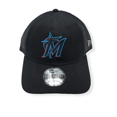 New Era Miami Marlins 9Forty Trucker Mesh Black Adjustable Snapback Hat • $32.99