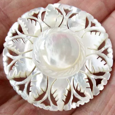 1 5/8  Hand Carved Bethlehem Mother Of Pearl Leaf Button W Openwork • $2.24
