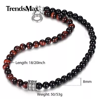 Natural Red Tigers Eye + Matte Black Beaded Necklace Choker For Unisex Man Gift • $11.99