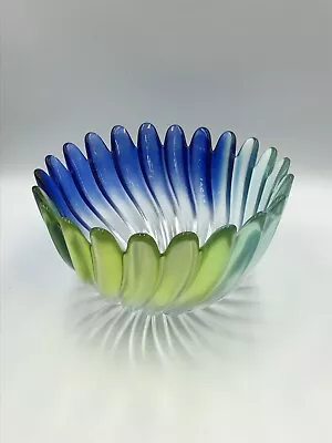 Walther Glass Collection Blue & Green Petal Bowl 13.5cm Liebenstern Germany • £21.95