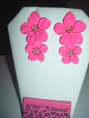 Double Big Pink Long Dangling Flowers Betsey Johnson Pierced Earrings-NWT • $25.94