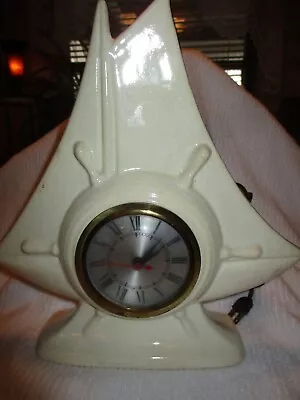 Vintage White Ceramic Nautical Sail Ship Schooner Yacht Mantel Clock ~ Works! • $44