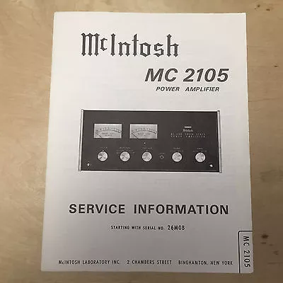 Original McIntosh Service Manual For The MC 2105 Amplifier Amp SN 26M08 + • $34.98