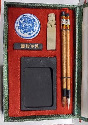 Vintage Style Chinese Calligraphy & Seal Set* 2 Brushes* Ink Stone* Foo Seal* • $29