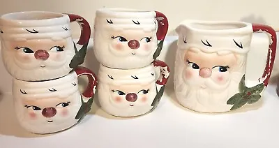 Vintage Ceramic Santa Pitcher & 4 Mugs PRICE PRODUCTS Paint Loss Holly  • $74.88