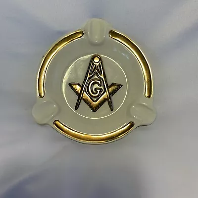 Vintage MASONIC FREEMASON 5” CERAMIC ASHTRAY Tan AND Gold Gilded • $19.99