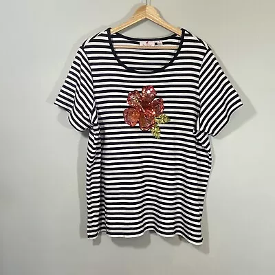 QUACKER FACTORY Black Striped Summer Flower Sequin T-Shirt Size 1X • $15.95