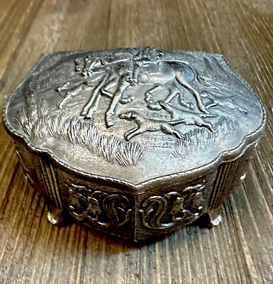 Vintage Small Metal Jewelry Trinket Box Made In Japan Horse Dog Fox Hunt￼ 3” • $16