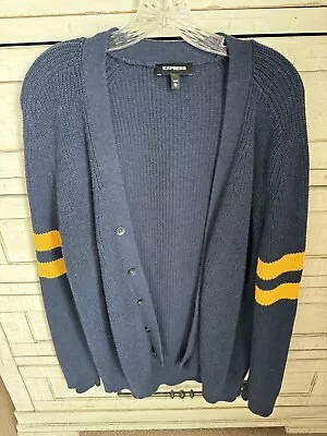 Express Men's Oversized Chunky Knit Cardigan Sweater Size XL Navy Blue W/ Yellow • $12