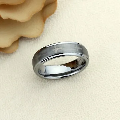 Personalized Men's Tungsten Wedding Ring Band Promise Ring 7mm Cross Pattern • $41