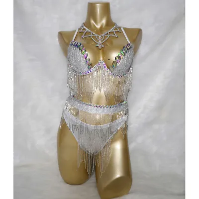 £381.58 • Buy Women Sexy Bikinis Suit Rhinestones Tassel Wire Bra Dancing Costume Outfits