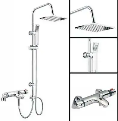 Thermostatic Bath Shower Mixer Tap With Square 3 Way Shower Rigid Riser Rail Kit • £79.95