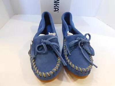 NEW MINNETONKA WOMEN'S BLUE SUEDE LOAFERS MOCCASINS FLATS SLIPPERS  (Size 7.5) • $24.49