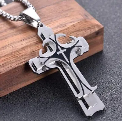 Cross Pendant Necklace Stainless Steel Crucifix Cuban Gold Black Men Unisex New • $4.58