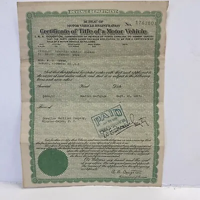 1924 Cadillac Suburban Vintage North Carolina Car Title Historical Document RARE • $399.95