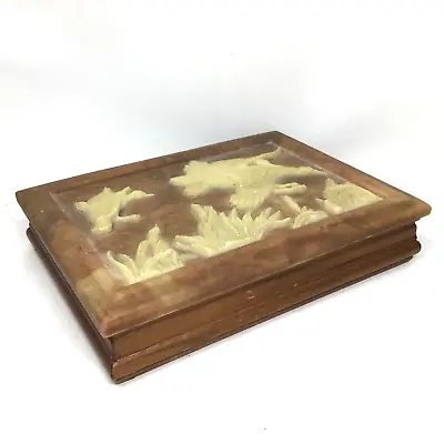 VTG Incolay Carved Stone Wild Duck Geese Valet Box Man's Jewelry Box Walnut Wood • $34.95