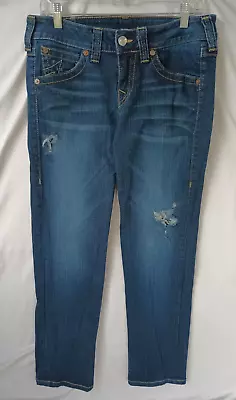 Womens True Religion Becky Distressed Mid Rise Straight Leg Blue Jeans Size 31 • $16.20