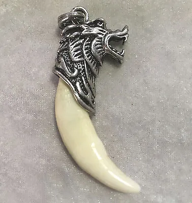 Chinese Antique Boars Tooth Wild Hog Silver Dragon Protective Talisman Pendant • $8.79