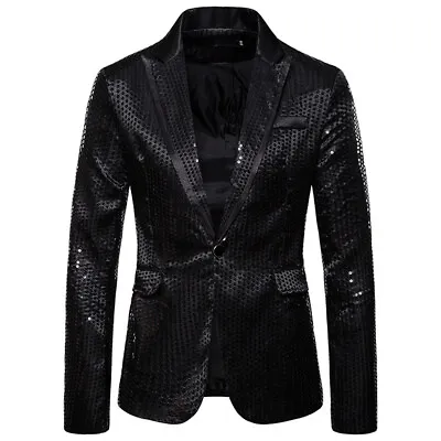 Mens Suit Tuxedo Suit Party Coat Sequins Gentleman Blazer Jacket One Button Suit • £17.99