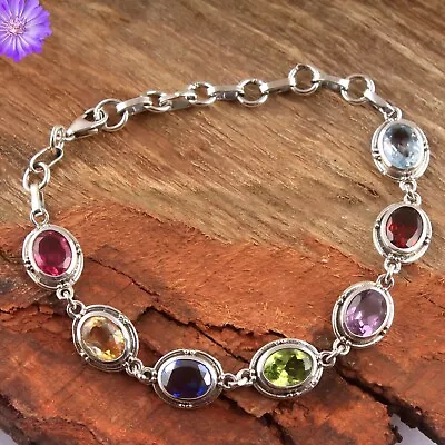 Multi Color Gemstone Chain Bracelet 925 Silver Bracelet Handmade Jewelry 7  • $13.79