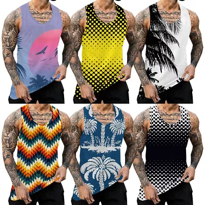 Mens Vests Printed Summer Gym Training Bodybuilding Muscle Tank Tops Stringer ♬ • £5.87