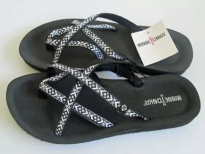 NEW Minnetonka Hanna Sandal Size 8 Black White Flip Flaps Straps Strappy Toe  • $16.99