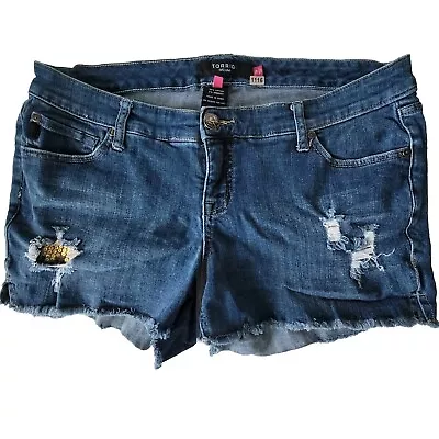 Torrid  Womens Plus Size 14 Mid Rise Stretch Blue Jean Shorts Distressed Sequin  • $17